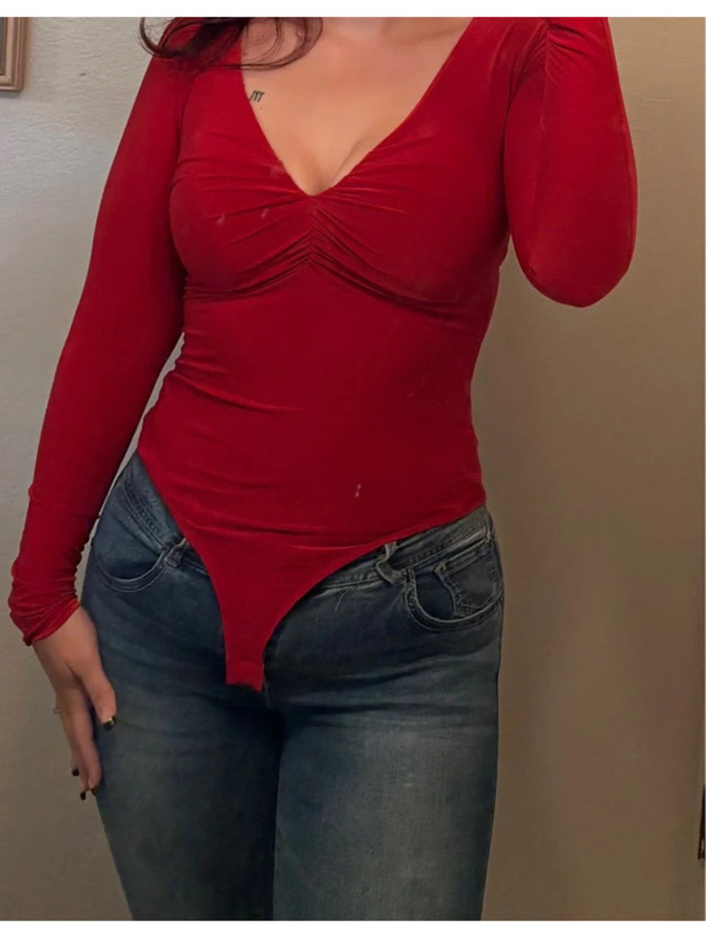 Moa Moa Y2K cinched V Neck Red Chic Fall Bodysuit